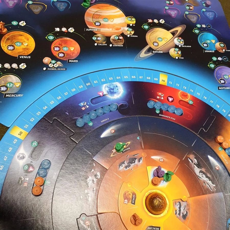 A space exploration board game mid-game, with the solar system board covered in player pieces